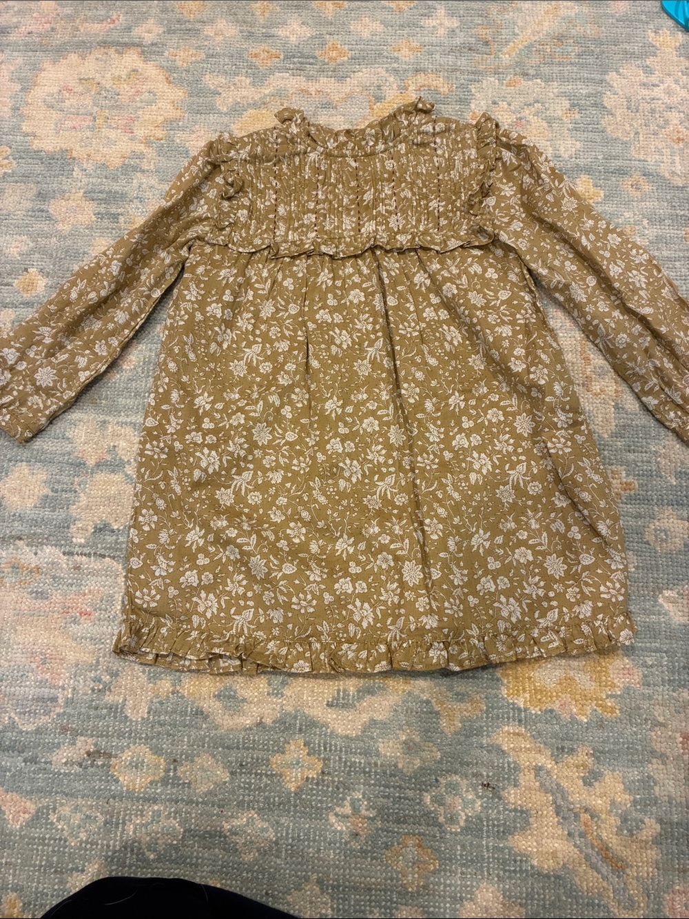 NICOLI Mustard Floral Smocked Yoke Long-Sleeve Dress